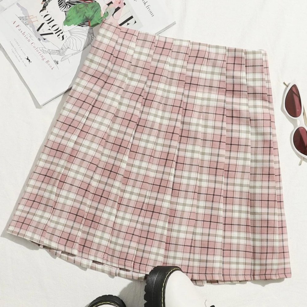 SHEIN Tartan Pleated Skirt Pink